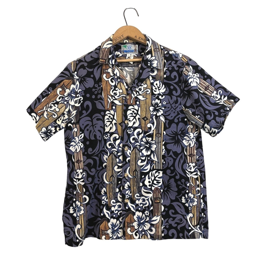 RJC Hawaiian Shirt Mens M‎ Blue Purple Surfboard Hibiscus Floral Aloha Hawaii